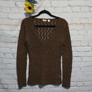 Cato V-Neck Open Weave Sweater Brown Sz S